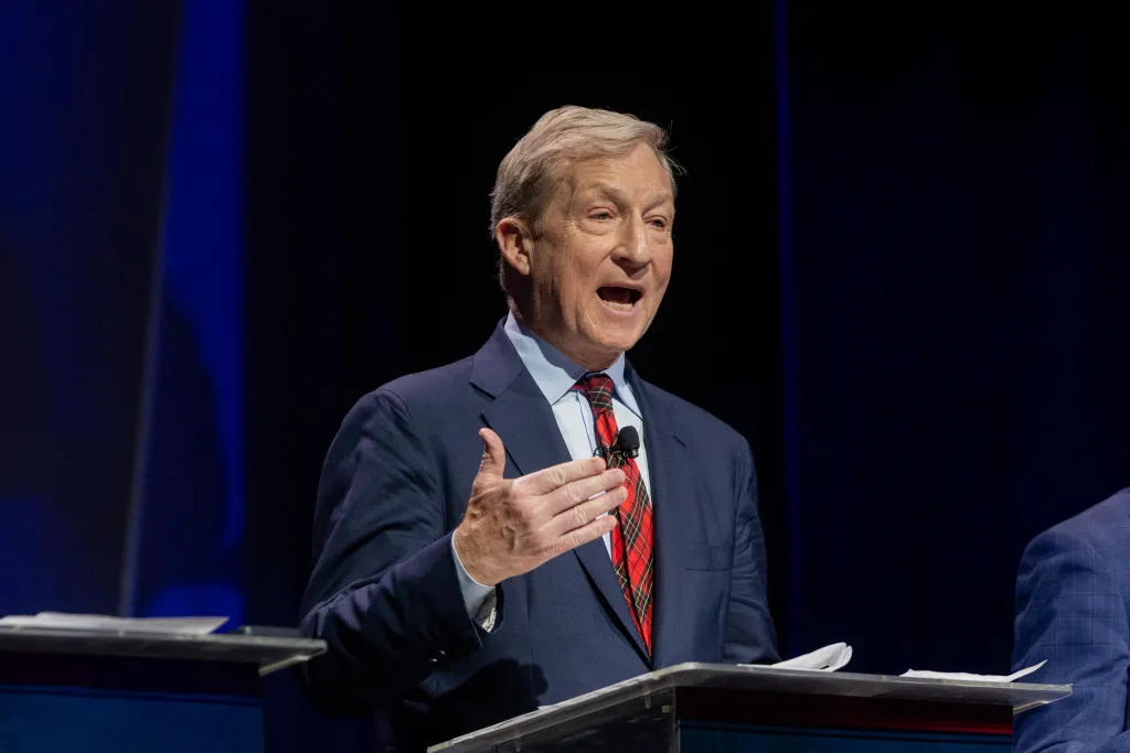 California gubernatorial candidate Tom Steyer speaking at a debate.