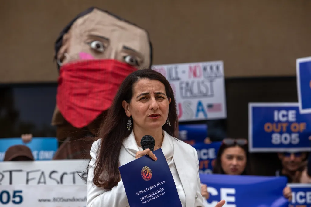 California State Senator Monique Limón speaking at a press conference against ICE raids.