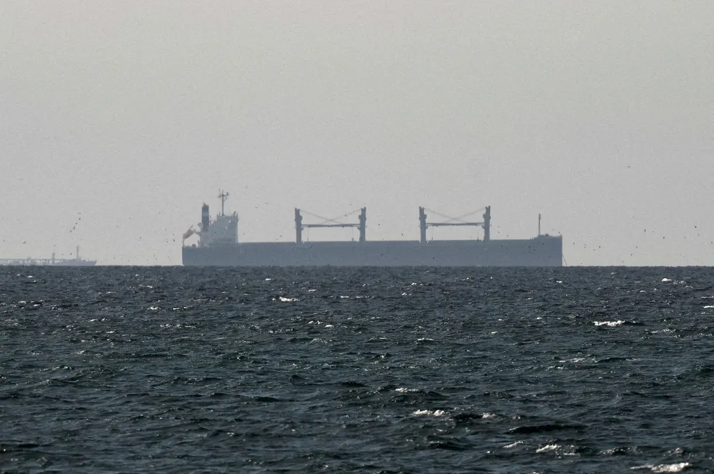 A cargo ship sits in the Gulf near the Strait of Hormuz on March 11, 2026.