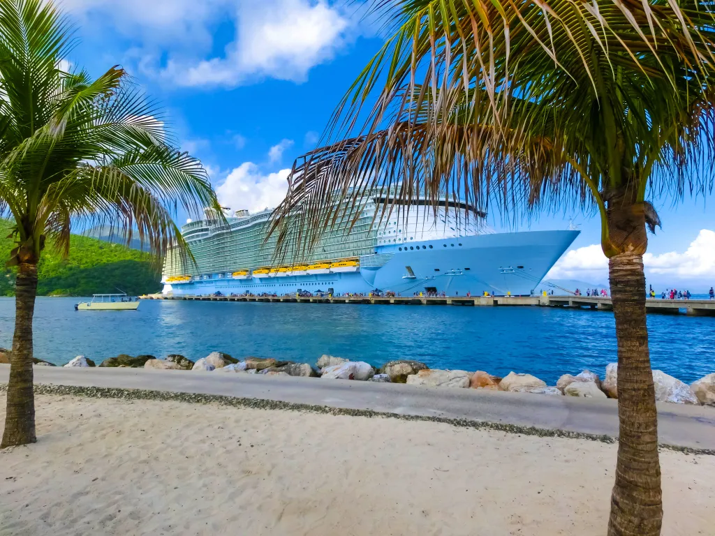 Large cruise ship docked at Labadee, Haiti, framed by palm trees and overlooking a sandy beach.