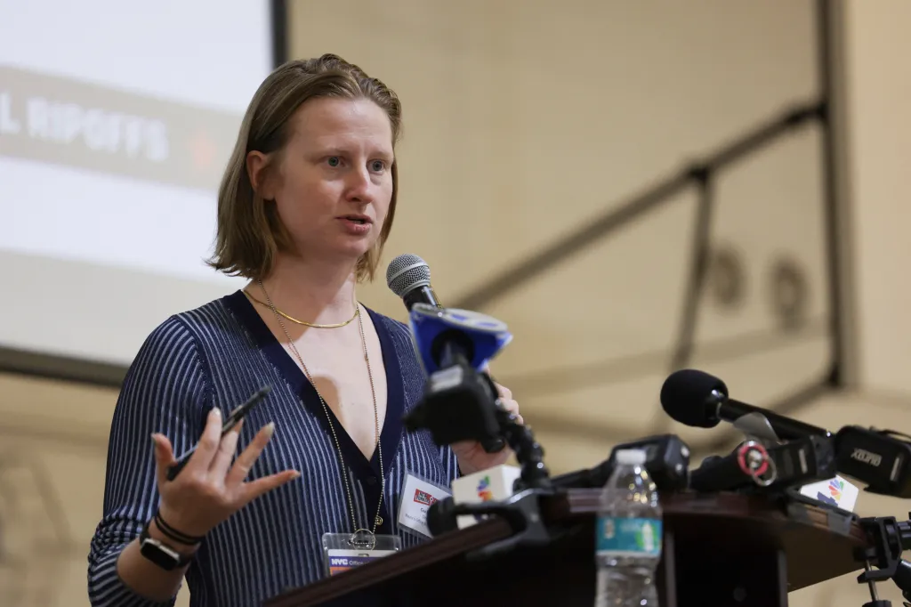 Cea Weaver, director of the Mayor’s Office to Protect Tenants, speaks at a Rental Ripoff hearing.