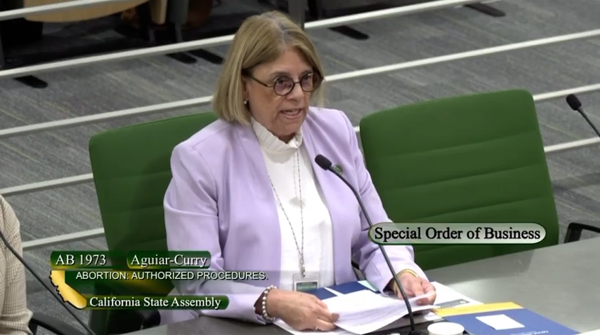 Cecilia Aguiar-Curry speaking at the California State Assembly about AB 1973 concerning authorized abortion procedures.