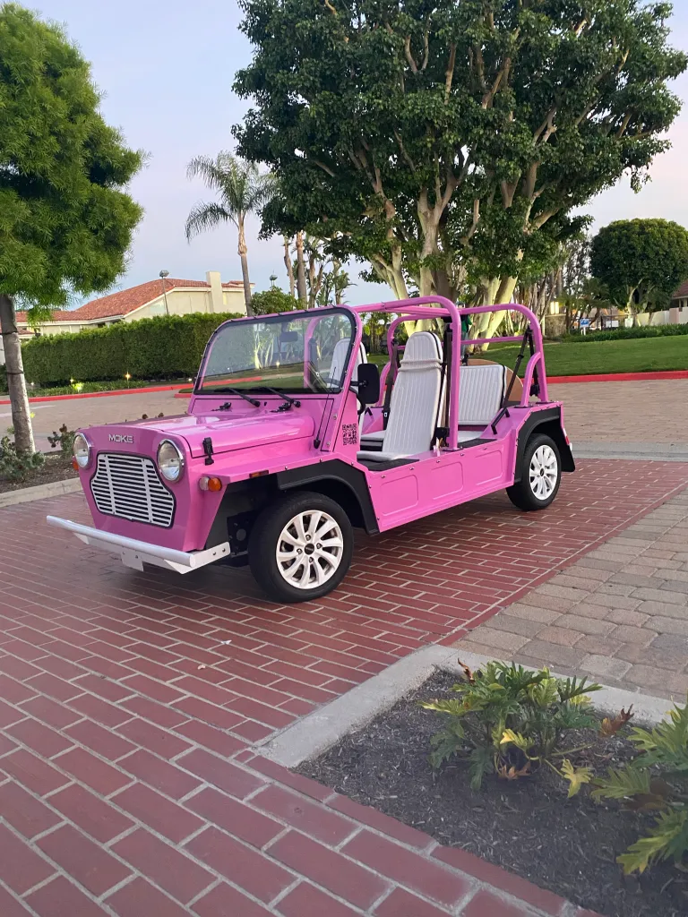 Pink Moke electric vehicle that resembles a golf cart.