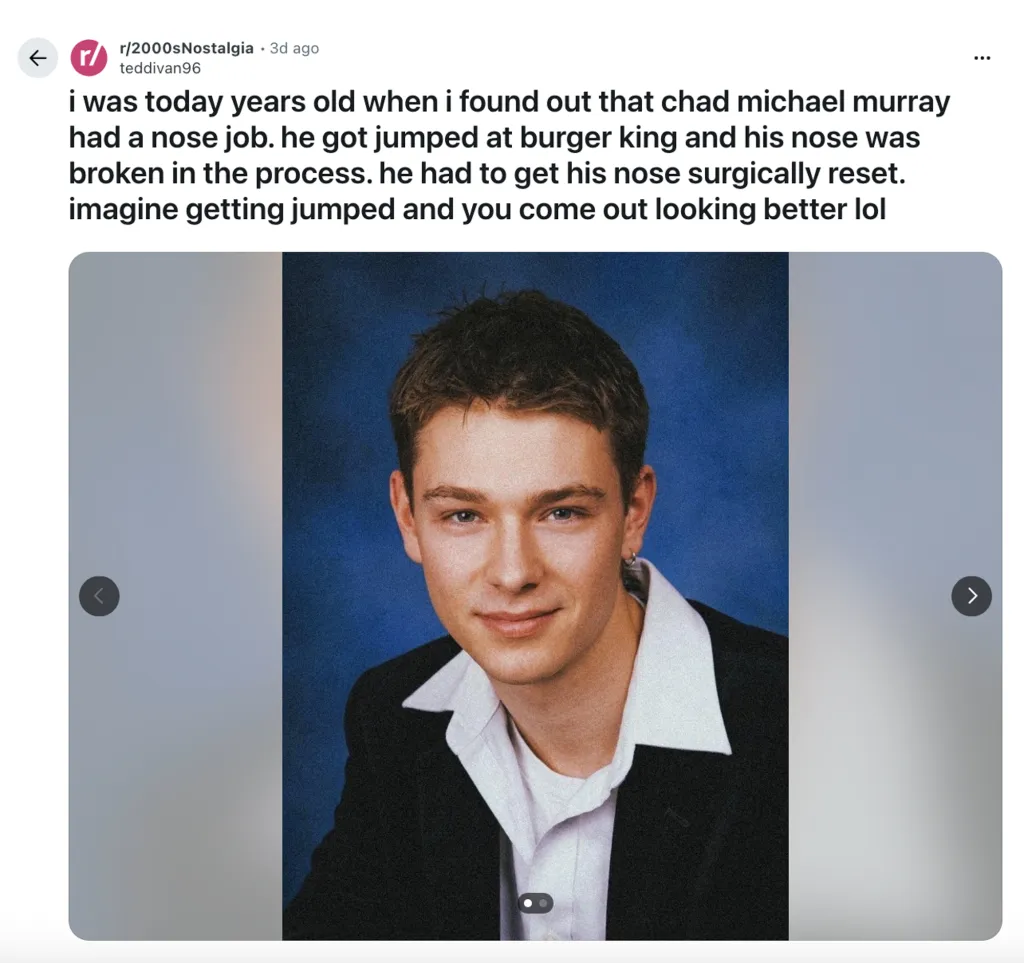 Photo of actor Chad Michael Murray in a yearbook photo, looking at the camera with a slight smile.