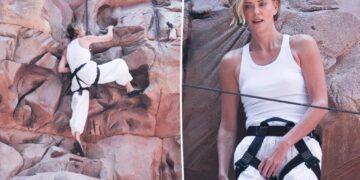 Charlize Theron takes ‘Apex’ promo to new heights with wall-climbing stunt in NYC