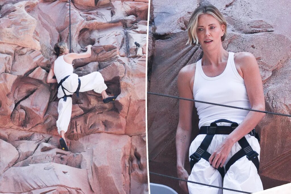 Charlize Theron takes ‘Apex’ promo to new heights with wall-climbing stunt in NYC