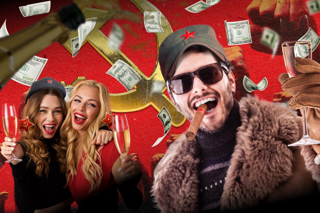 dsa composite graphic showing smiling women with champagne flutes and a man in a fur with a cigar and dark sunglasses as cash flies through the air around them