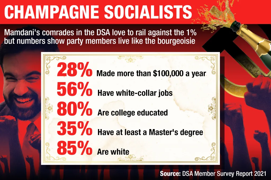 Illustration depicting data on DSA members' demographics and income, overlaid on images of a man laughing, a champagne bottle, and raised fists.
