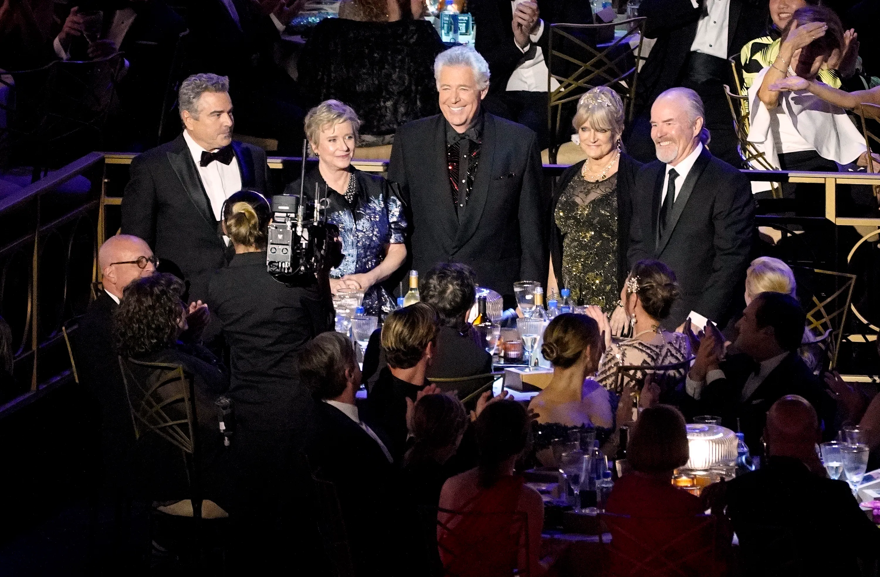 (L-R) Christopher Knight, Eve Plumb, Barry Williams, Maureen McCormick, and Mike Lookinland stand in the audience for a tribute to 