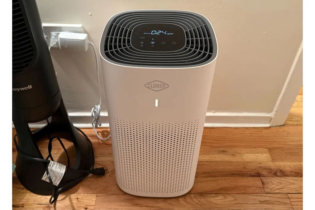 A white and grey Clorox air purifier