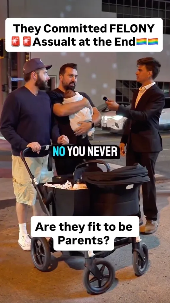 A conservative influencer interviews a gay couple holding a baby and pushing a stroller.