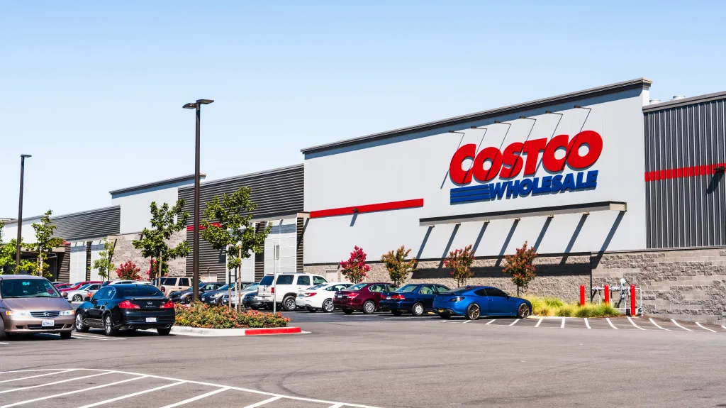 The exterior of a Costco Wholesale store in the South San Francisco Bay Area.