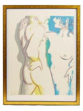 Illustration of two nude figures, one with its back to the viewer and the other facing right, in a gold frame.