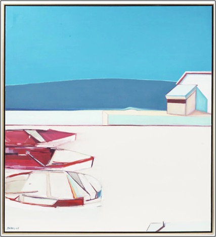 Illustration of boats on white sand with a blue ocean and sky.