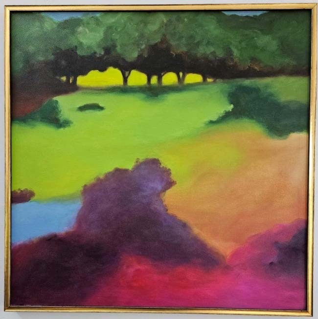 Illustration of a landscape in bright green, yellow, blue, purple, and red.