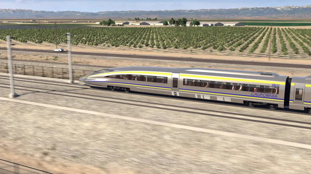 Illustration of the California high-speed train traveling on tracks through a rural landscape with agricultural fields.
