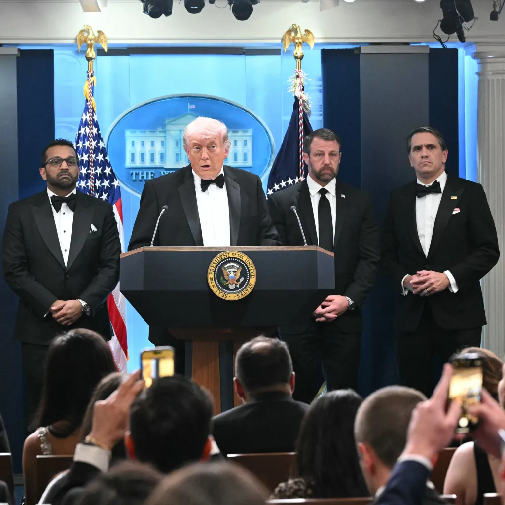 President Donald Trump holds a press conference at the White House on April 25, 2026.