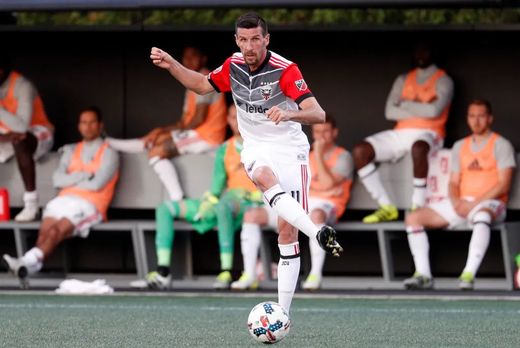 DC United forward Sebastien Le Toux playing ball in a soccer match.