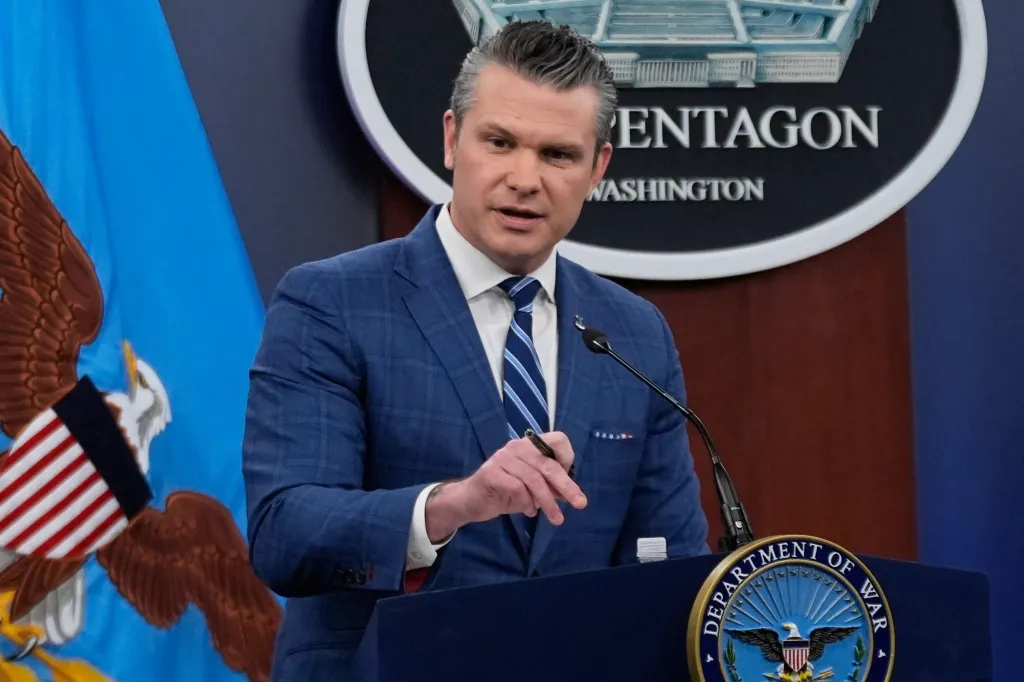 Defense Secretary Pete Hegseth speaks during a press briefing at the Pentagon.