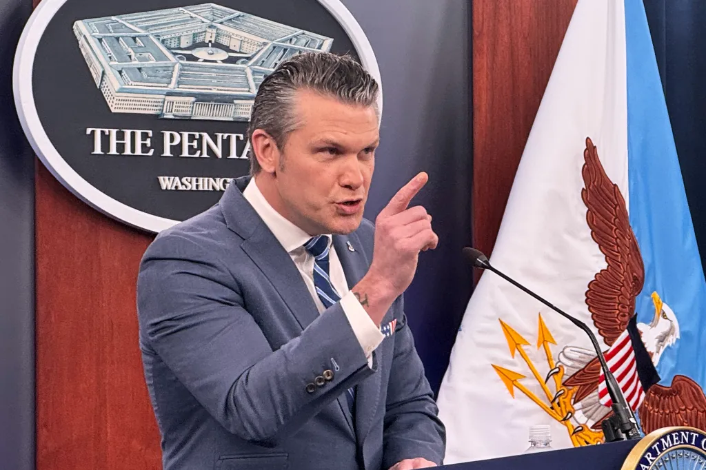 Defense Secretary Pete Hegseth speaks during a press briefing at the Pentagon.