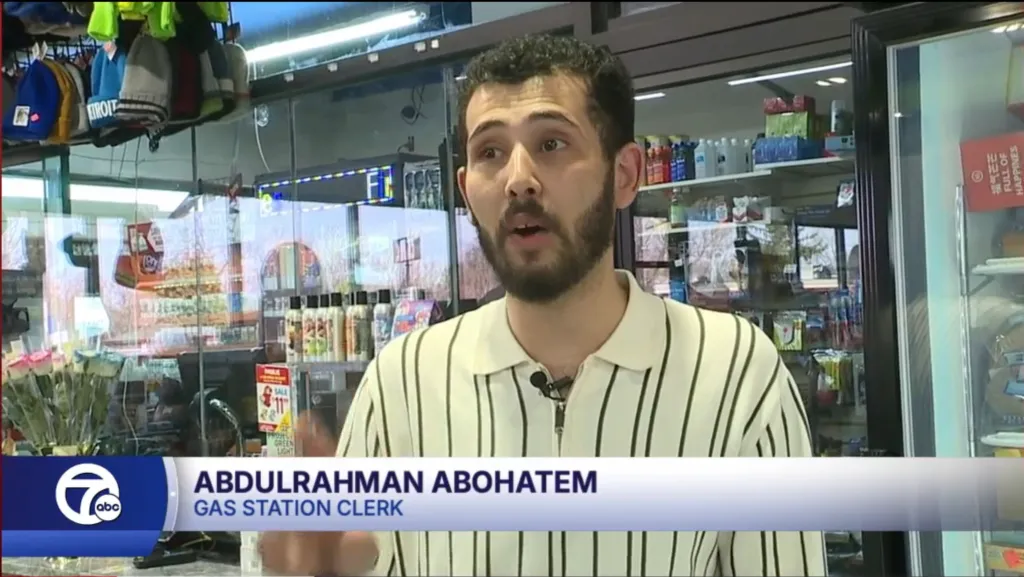 Abdulrahman Abohatem, a gas station clerk, speaking to the camera.