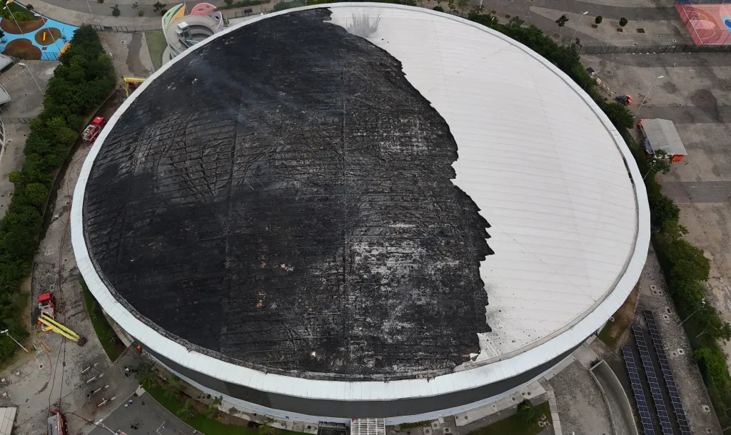 Drone view showing the fire-damaged Velodrome after a fire at the Olympic Park in Rio de Janeiro.