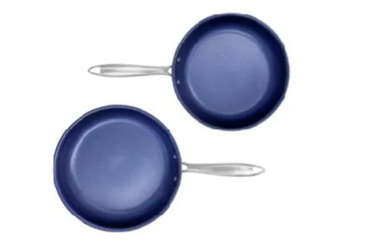 Two blue Granitestone Diamond Pro sautépans with metal handles.