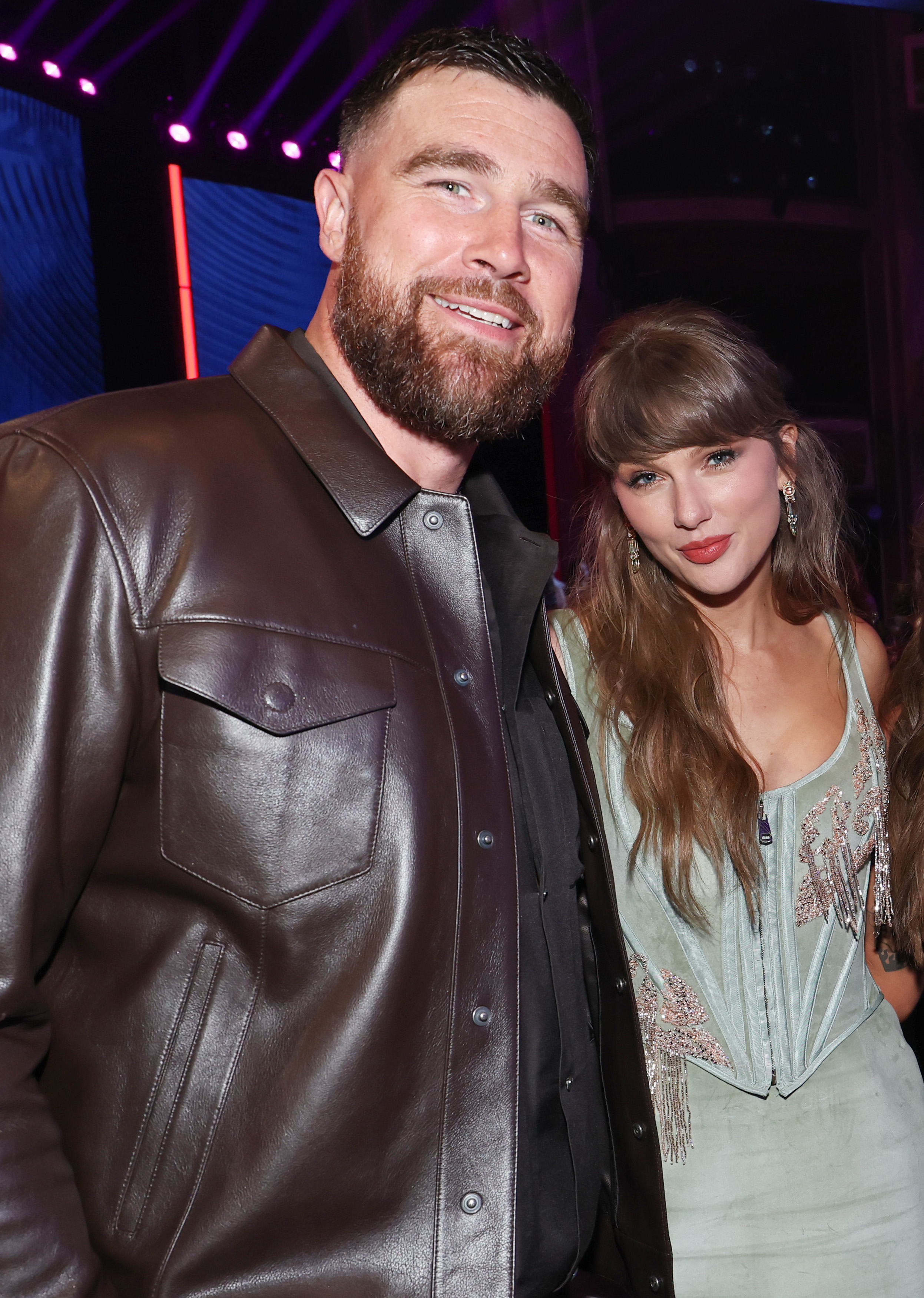 Travis Kelce and Taylor Swift attend the iHeartRadio Music Awards.
