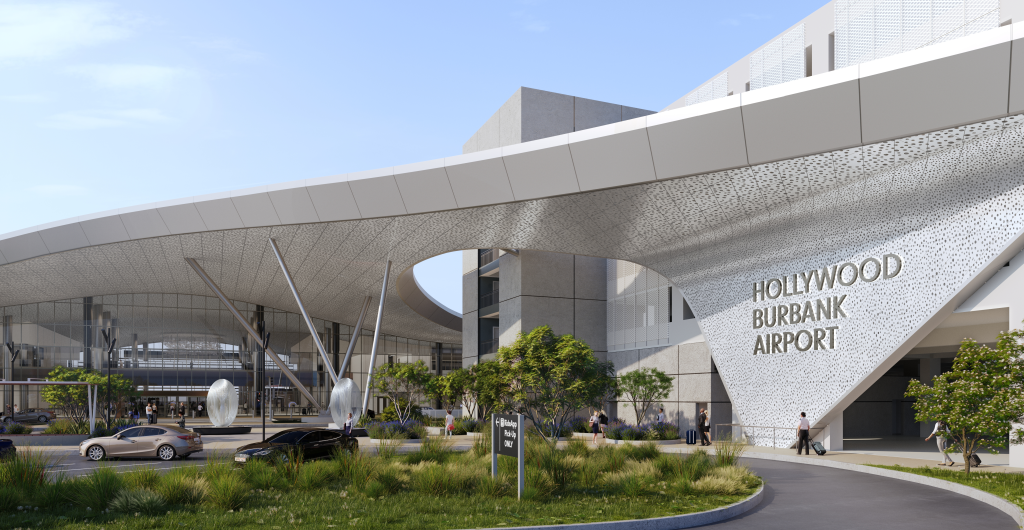 Illustration of the Hollywood Burbank Airport entrance with a curved roof, cars, and pedestrians.