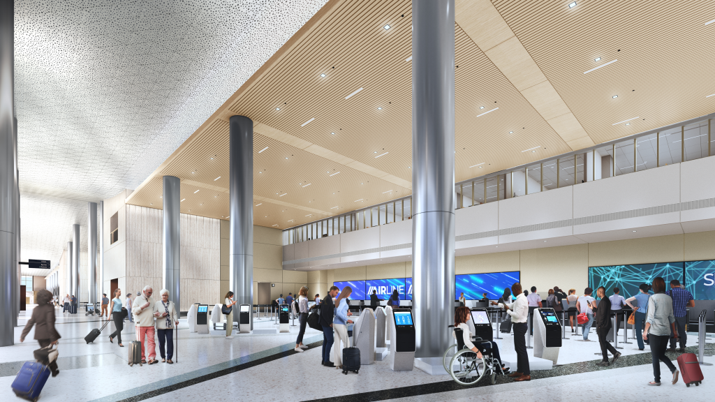 Illustration of the interior design of the Hollywood Burbank Airport's future terminal, showing people checking in and moving through a brightly lit hall.