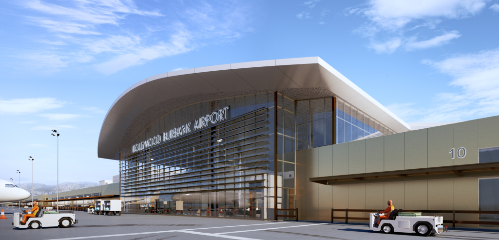 Illustration of the exterior of Hollywood Burbank Airport, with a sleek, curved roof and glass facade.