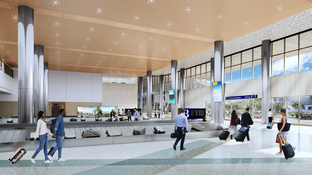 Illustration of the future Hollywood Burbank Airport's baggage claim area, with travelers and luggage.