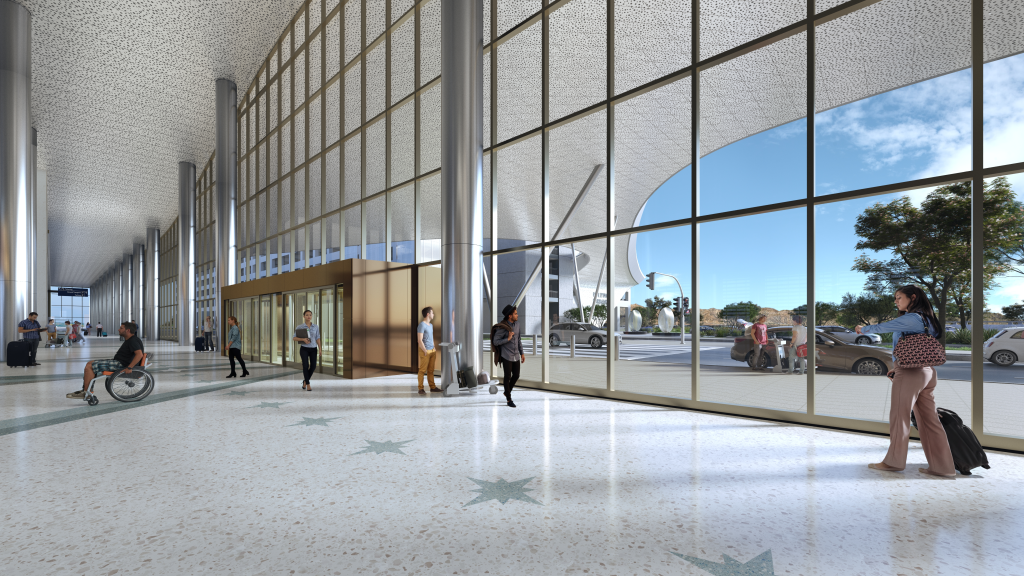 Illustration of the interior of the future Hollywood Burbank Airport terminal with large windows looking out to the street.