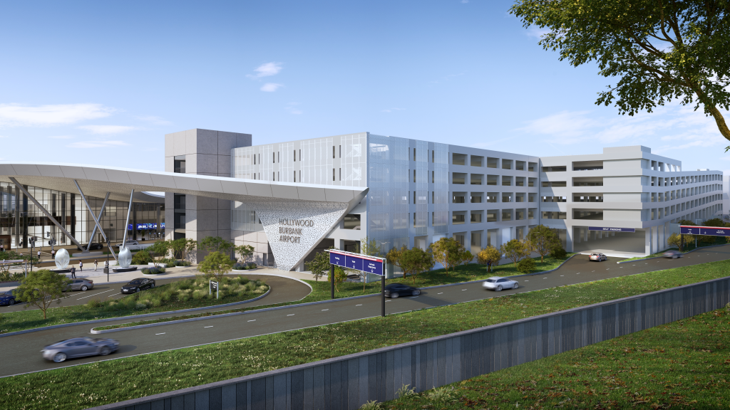 Illustration of the exterior of Hollywood Burbank Airport with a parking garage and road leading to the entrance.