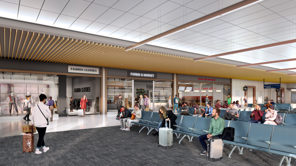 Illustration of the interior of Hollywood Burbank Airport with shops and people waiting for flights.