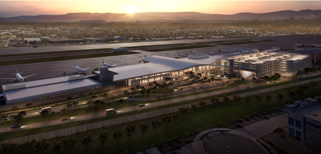 Illustration of the future Hollywood Burbank Airport at sunset.