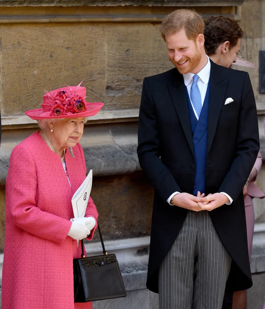 Queen Elizabeth II and Prince Harry attending a wedding.