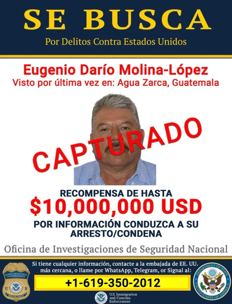 A wanted poster for Eugenio Darío Molina-López, with 