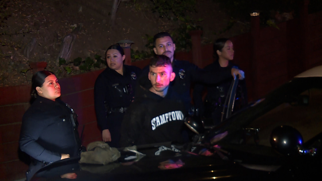 Police arresting a suspect in front of a dark house at night.