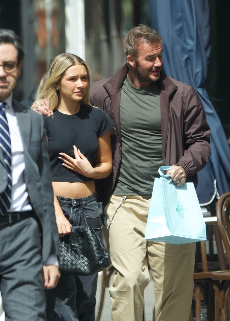 David Beckham, in a brown jacket, green t-shirt and khaki pants, with his arm around daughter Harper Beckham, in a black cropped t-shirt and black jeans, in NYC.