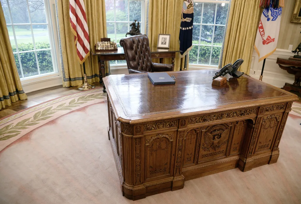 Executive orders regarding trade on the Resolute desk in the Oval Office.