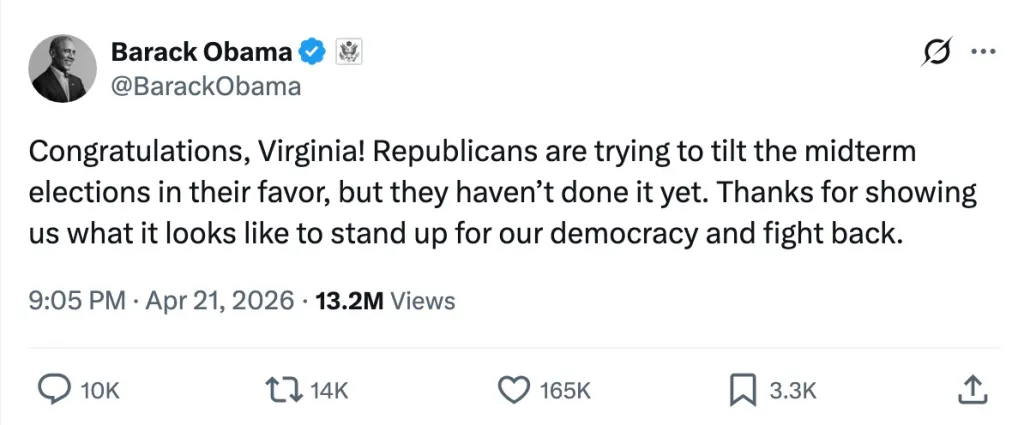 Obama shared a congratulations to Virginias who voted to pass the gerrymandered congressional map.