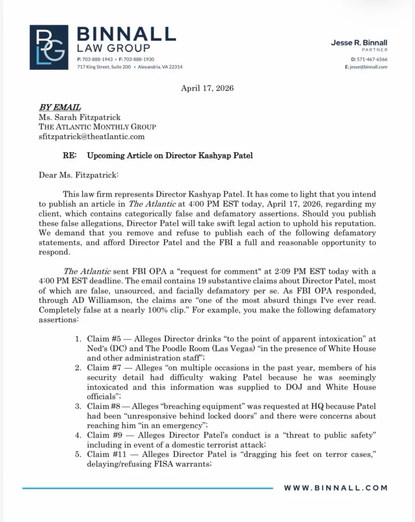 Legal letter from Binnall Law Group to The Atlantic threatening a lawsuit for a defamatory article about Director Kashyap Patel.