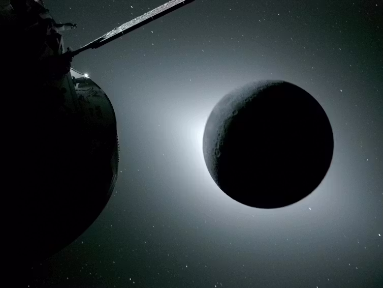 A spacecraft flying beside a circular moon backlit by the sun.