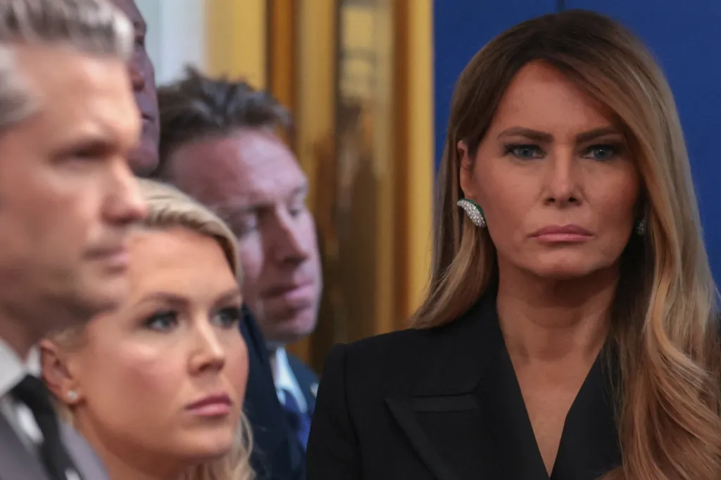 First lady Melania Trump attends a press briefing at the White House on April 25, 2026.