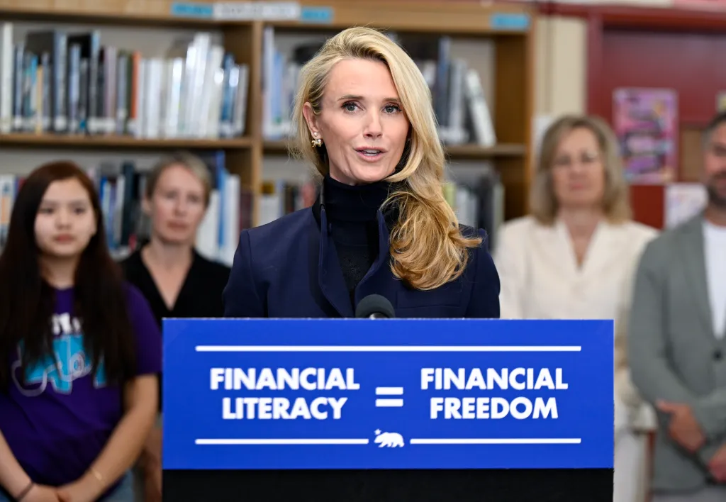 First Partner Jennifer Siebel Newsom speaks at a press conference on expanding women's access to capital and wealth-building opportunities.