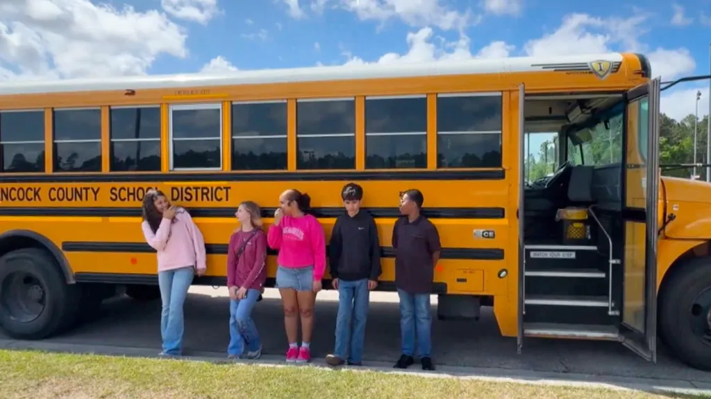 Five young teens standing in front of a school bus