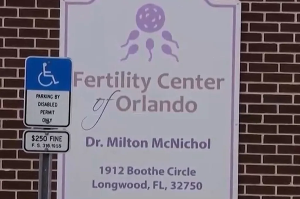 Sign for the Fertility Center of Orlando with Dr. Milton McNichol, located at 1912 Boothe Circle, Longwood, FL, 32750.