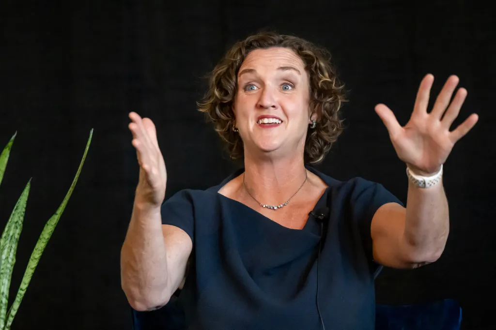 Former U.S. Rep. Katie Porter speaking at a gubernatorial candidates forum.