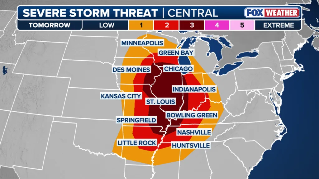 Map of the central US showing severe storm threat levels from low to extreme for cities including Minneapolis, Chicago, St. Louis, and Nashville.